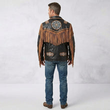 Laden Sie das Bild in den Galerie-Viewer, Men’s Cowboy Cowhide Leather Fringe Jacket with Beaded Western Detail
