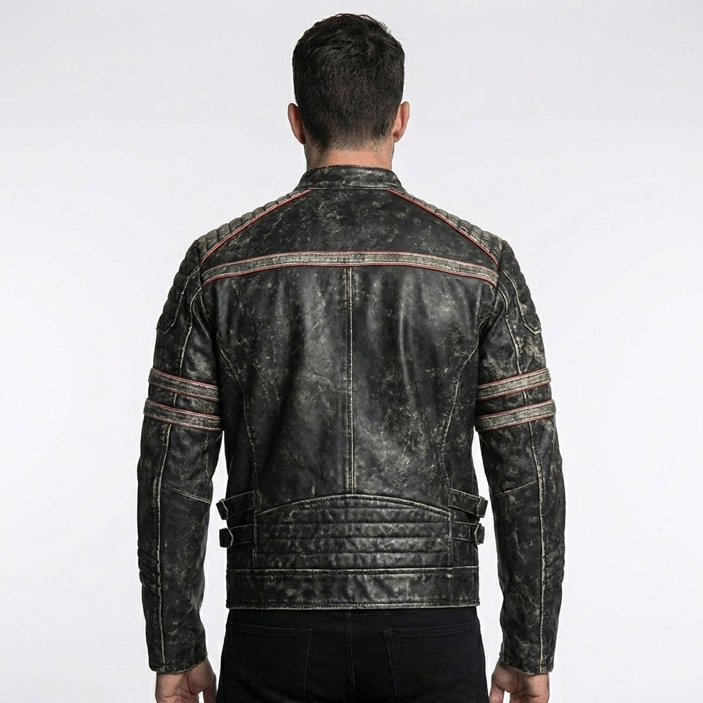 Men’s Distressed Black Cow Leather Biker Jacket – Vintage Quilted Moto Jacket
