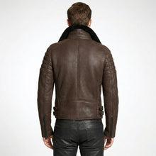 Load image into Gallery viewer, Men’s Brown Shearling Cafe Racer Leather Jacket – Vintage Aviator Biker Coat
