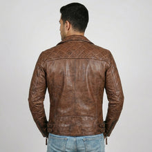 Load image into Gallery viewer, Men’s Brown Distressed Leather Motorcycle Jacket – Vintage Biker Moto Coat
