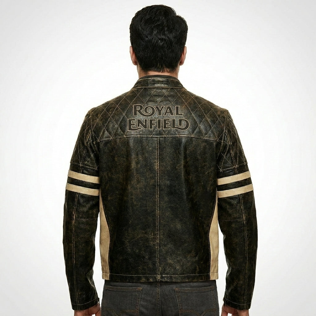 Men’s Distressed Brown Cafe Racer Leather Jacket – Royal Enfield Inspired Biker Coat