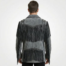 Load image into Gallery viewer, Men’s Western Cowboy Jacket – Black Fringe Suede Leather Coat
