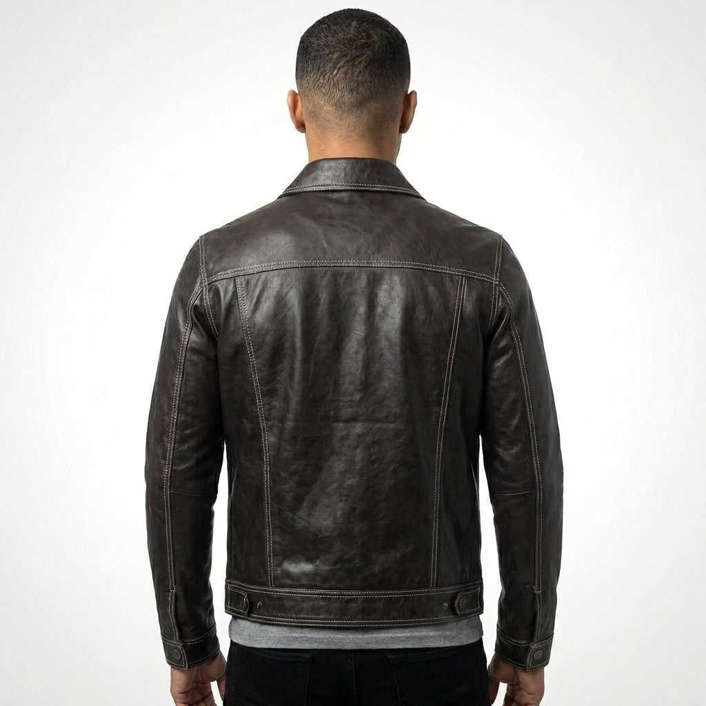 Men’s Dark Brown Leather Trucker Jacket – Contrast Stitch Snap Button Coat