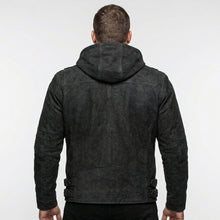 Load image into Gallery viewer, Men’s Matte Black Leather Biker Jacket – Removable Hood Moto Coat
