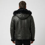 Men’s All Black B-3 Hooded Sheepskin Bomber Jacket – Detachable Shearling Hood