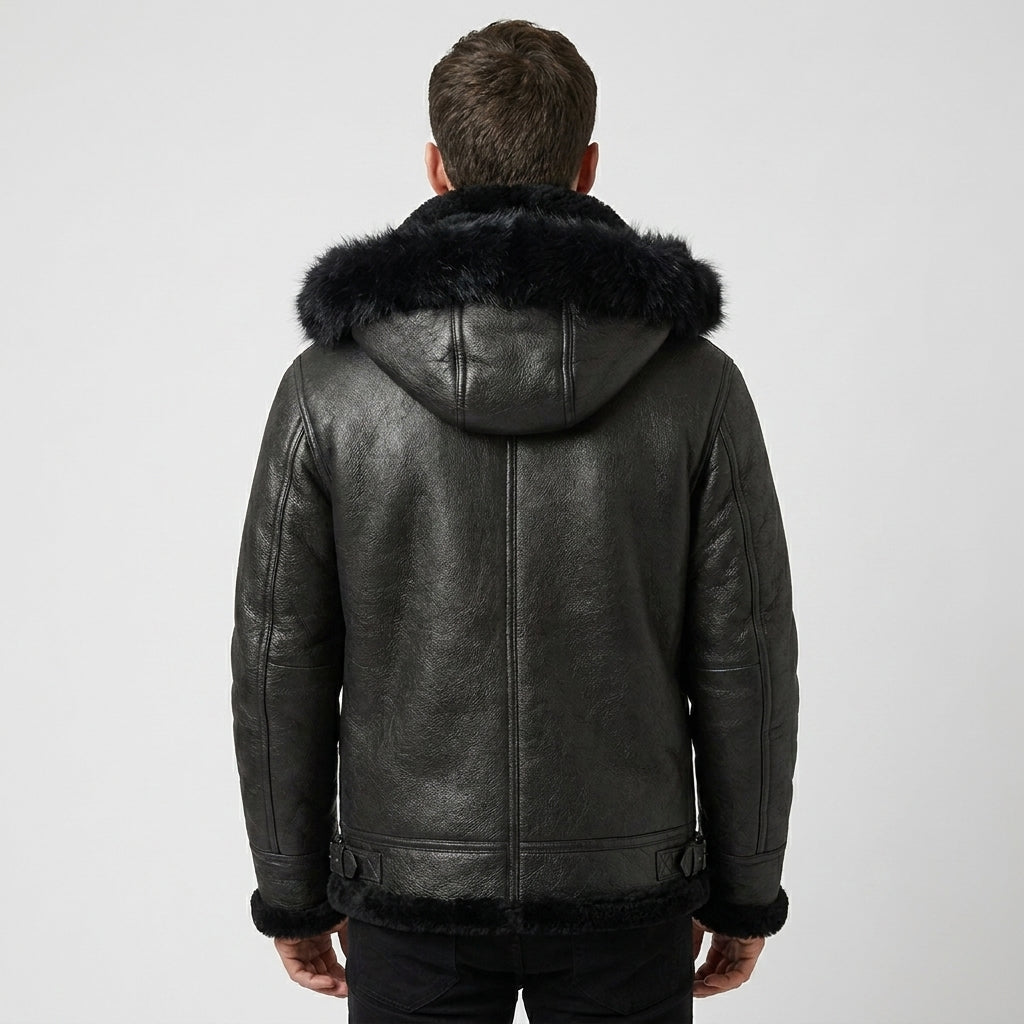 Men’s All Black B-3 Hooded Sheepskin Bomber Jacket – Detachable Shearling Hood