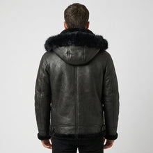 Load image into Gallery viewer, Men’s All Black B-3 Hooded Sheepskin Bomber Jacket – Detachable Shearling Hood
