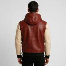 Load image into Gallery viewer, This burgundy and white leather hoodie is available from retailers like Etsy and Jackets Kingdom, often labeled as a handmade sheepskin or lambskin two-tone jacket.
