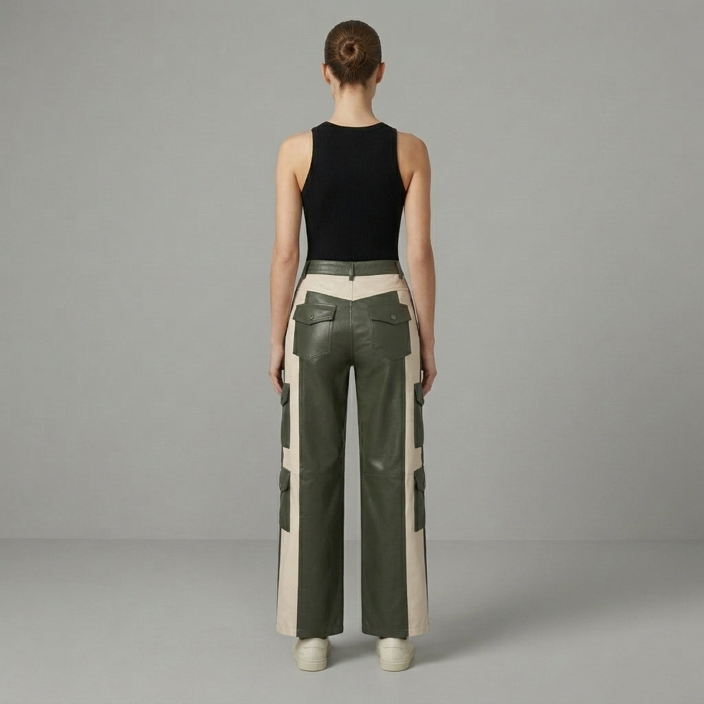 Women's White & Green Leather Pant