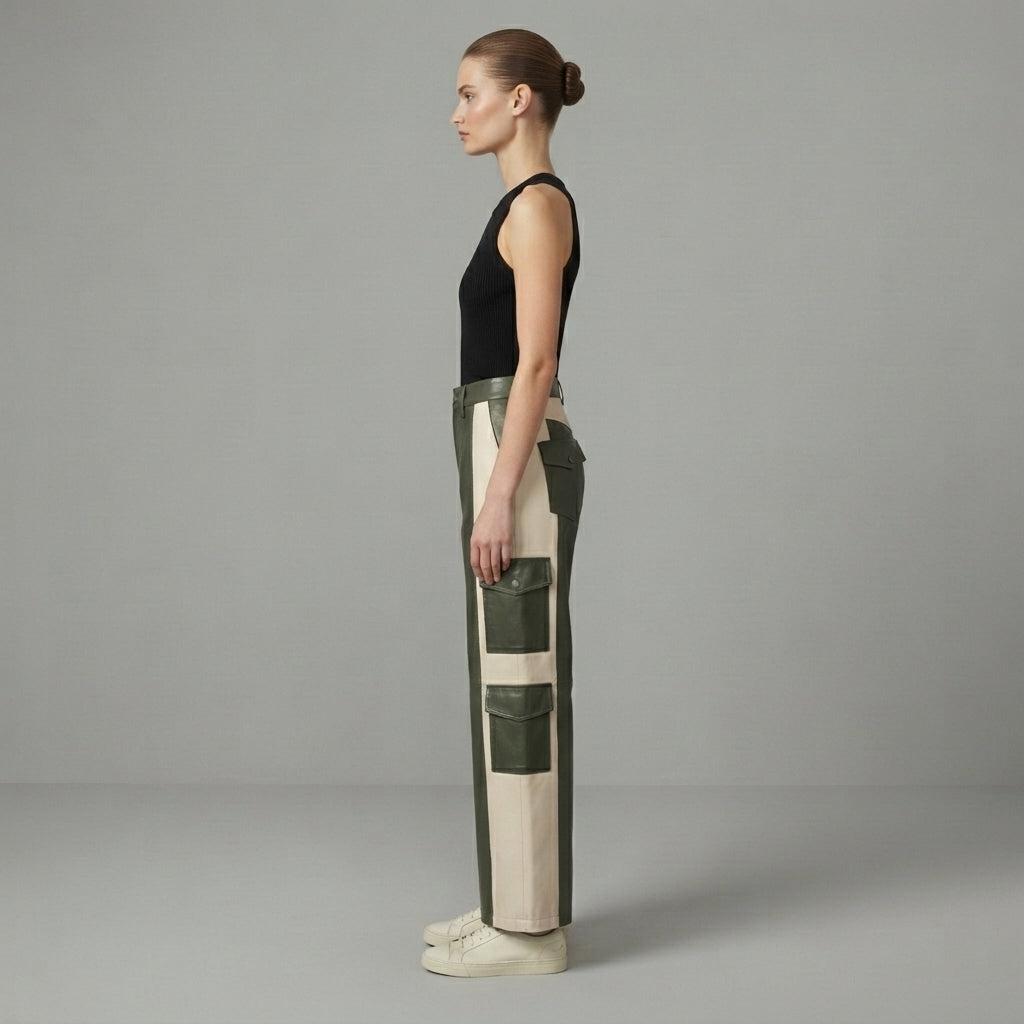 Women's White & Green Leather Pant