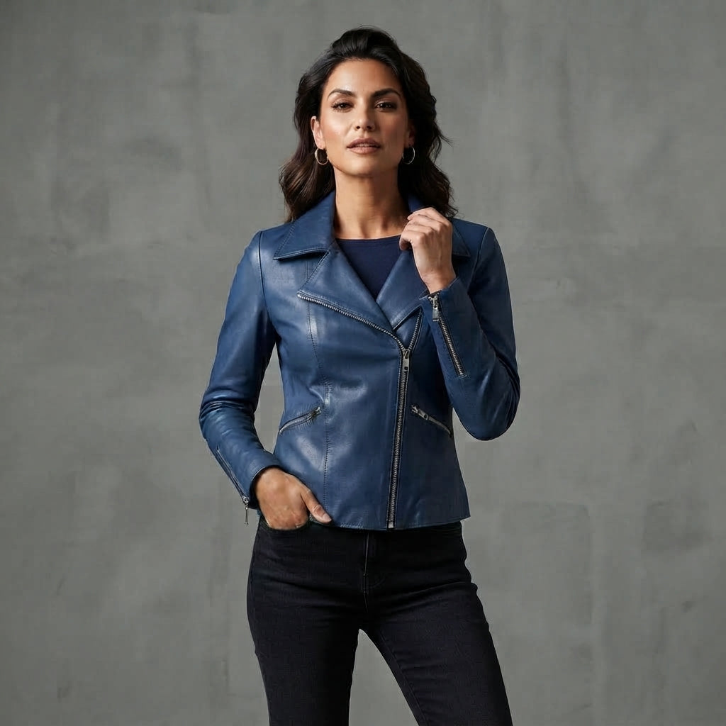Women's Blue Leather Biker Jacket