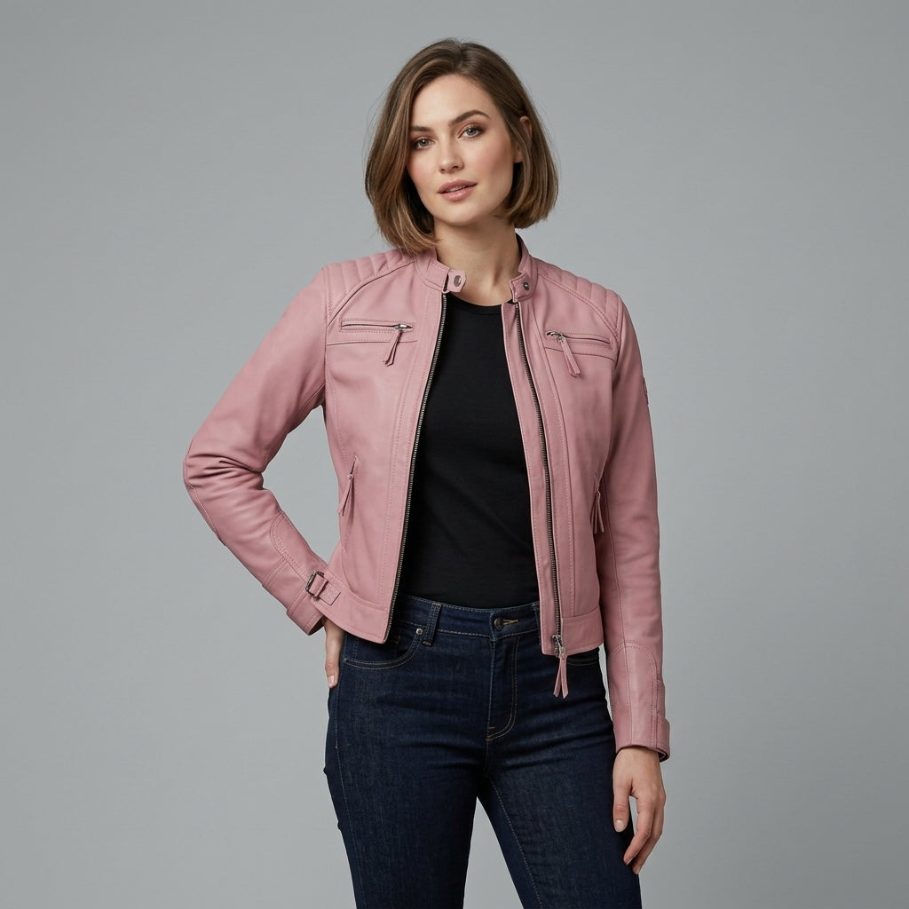 Women's pink cafe racer leather jacket with band collar and chest pockets