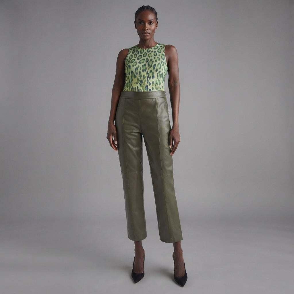 Women's Green  Leather Capri
