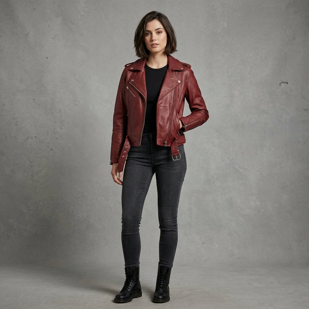 Women's oxblood belted leather biker jacket full-length view with buckle hem