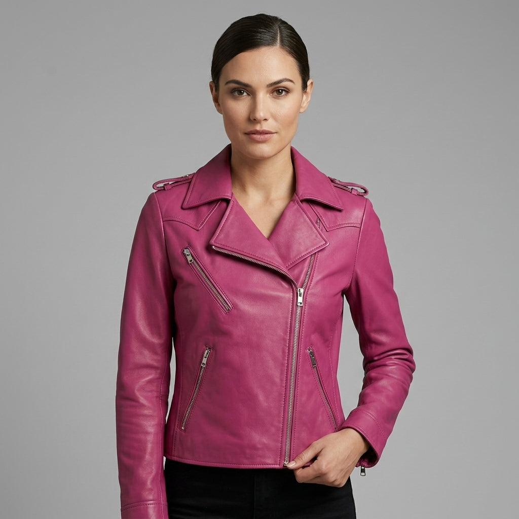 Women's fuchsia pink leather biker jacket front with notched lapels