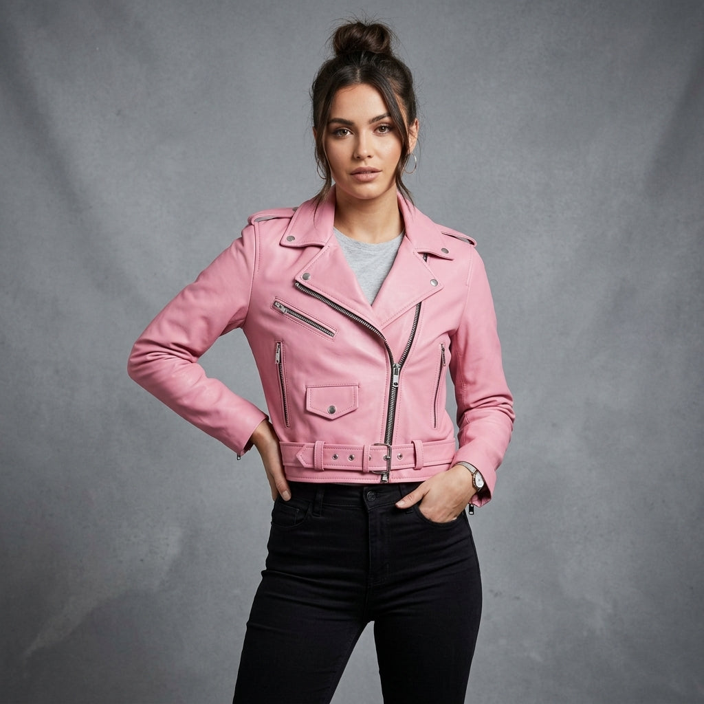 Women's light pink belted leather jacket with cropped moto cut and buckle waist