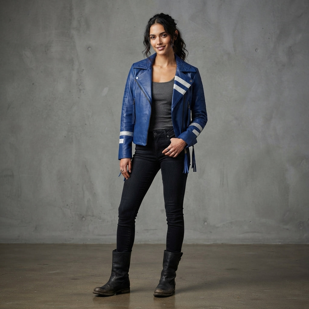 Women's Blue & White Leather Jacket
