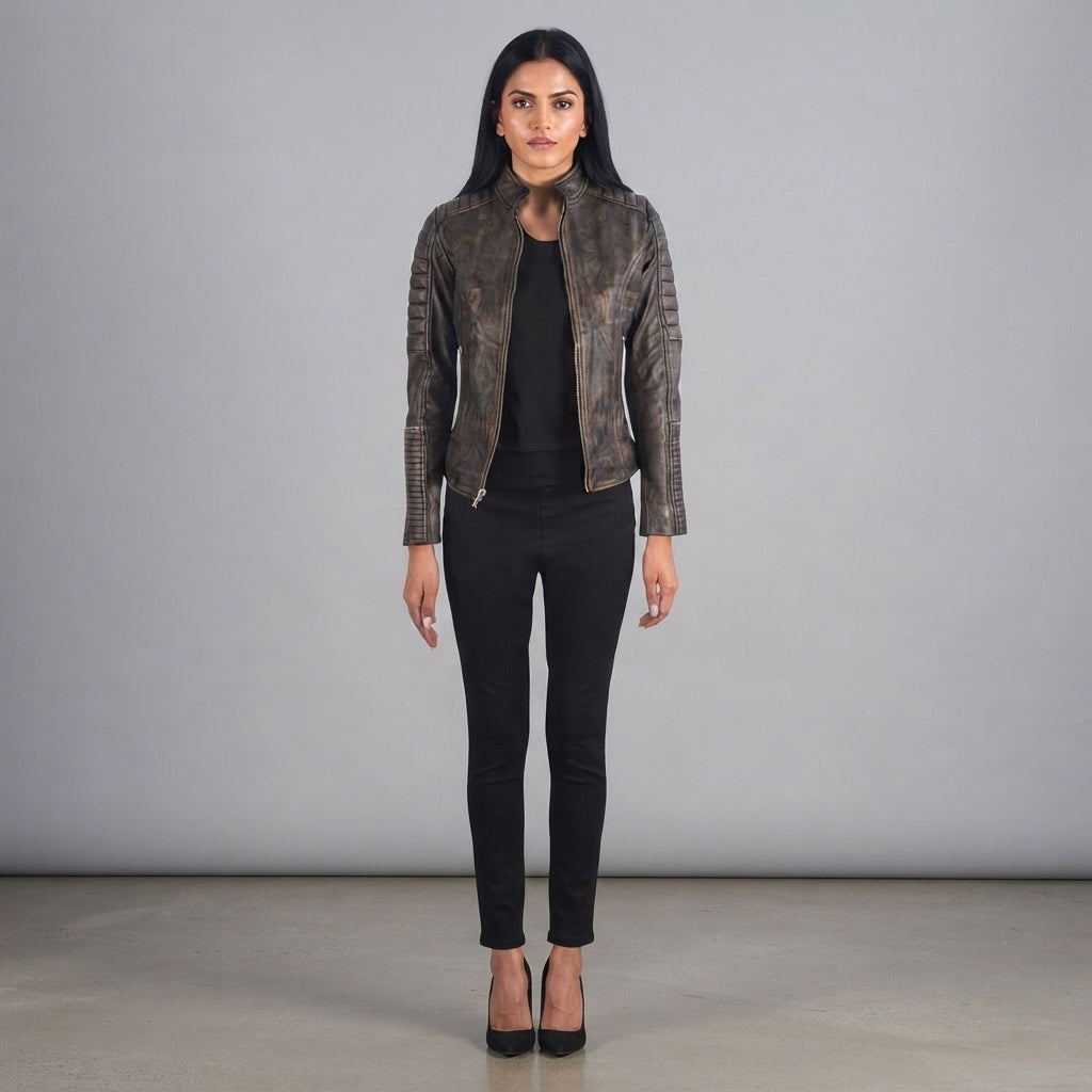 Buy Women's Dark Brown Rub-off Cafe Racer Leather Jacket