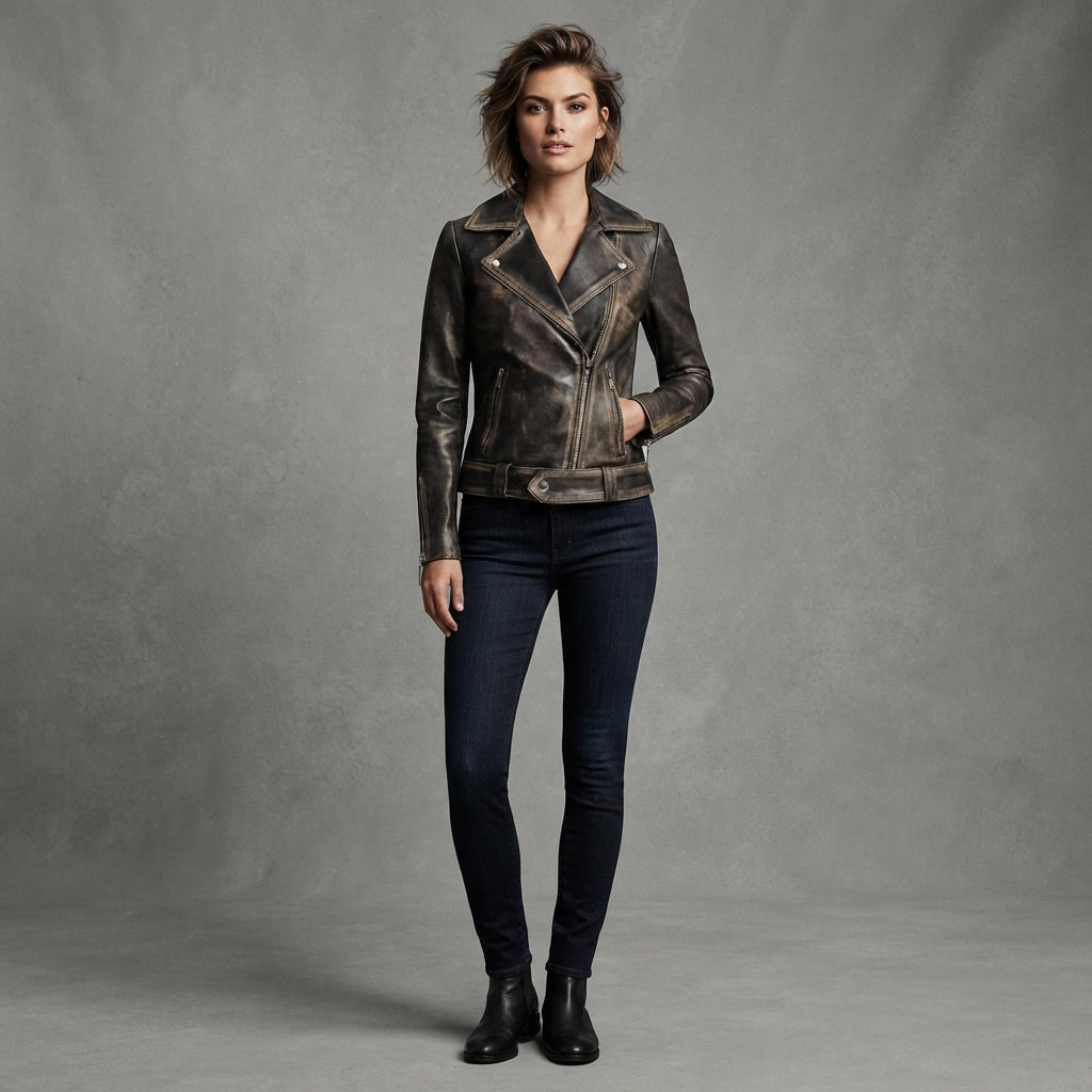 Buy Women's Dark Brown Rub-off Cafe Racer Leather Jacket