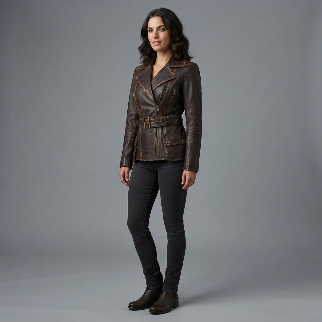 Buy Women's Dark Brown Rub-off Cafe Racer Leather Jacket