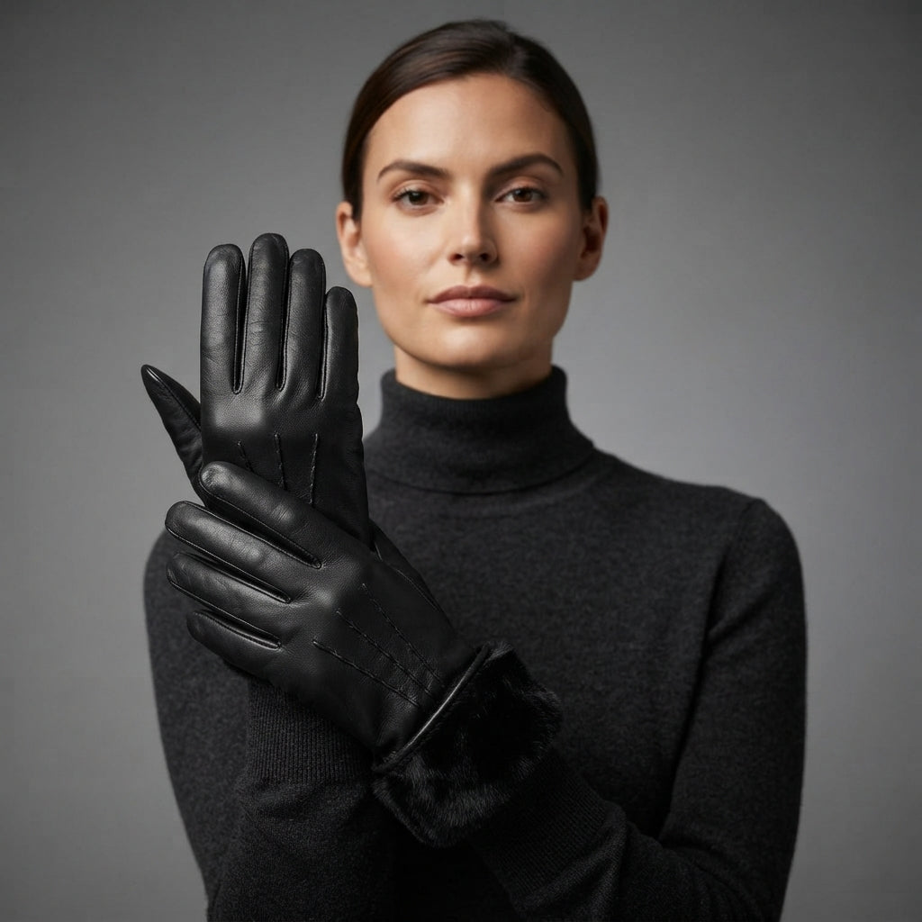 Buy Women's Black Fur Leather Gloves