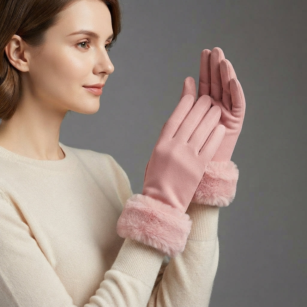 Buy Women's Pink Fur Leather Gloves