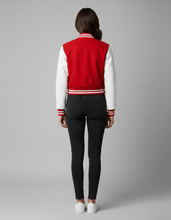 Load image into Gallery viewer, Women’s Red &amp; White Varsity Jacket – Button Closure Ribbed Trim Bomber
