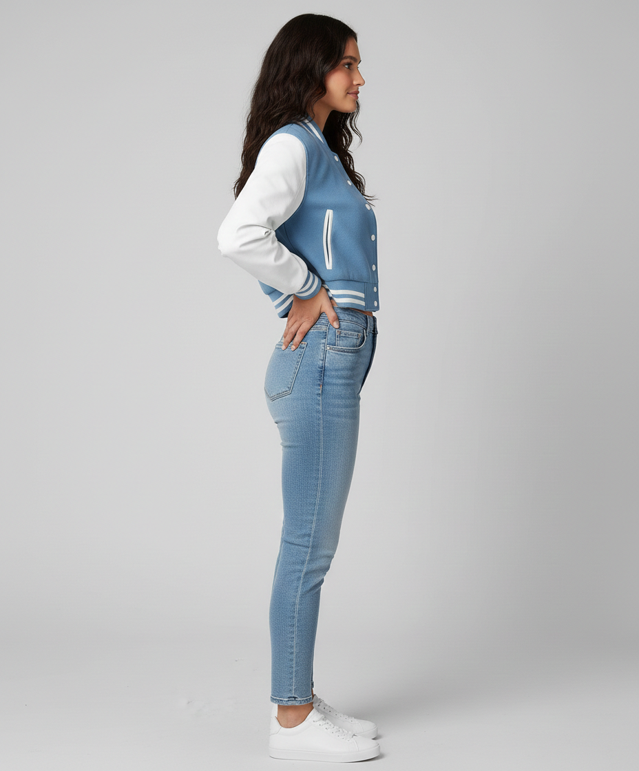 Women’s Baby Blue Cropped Varsity Jacket