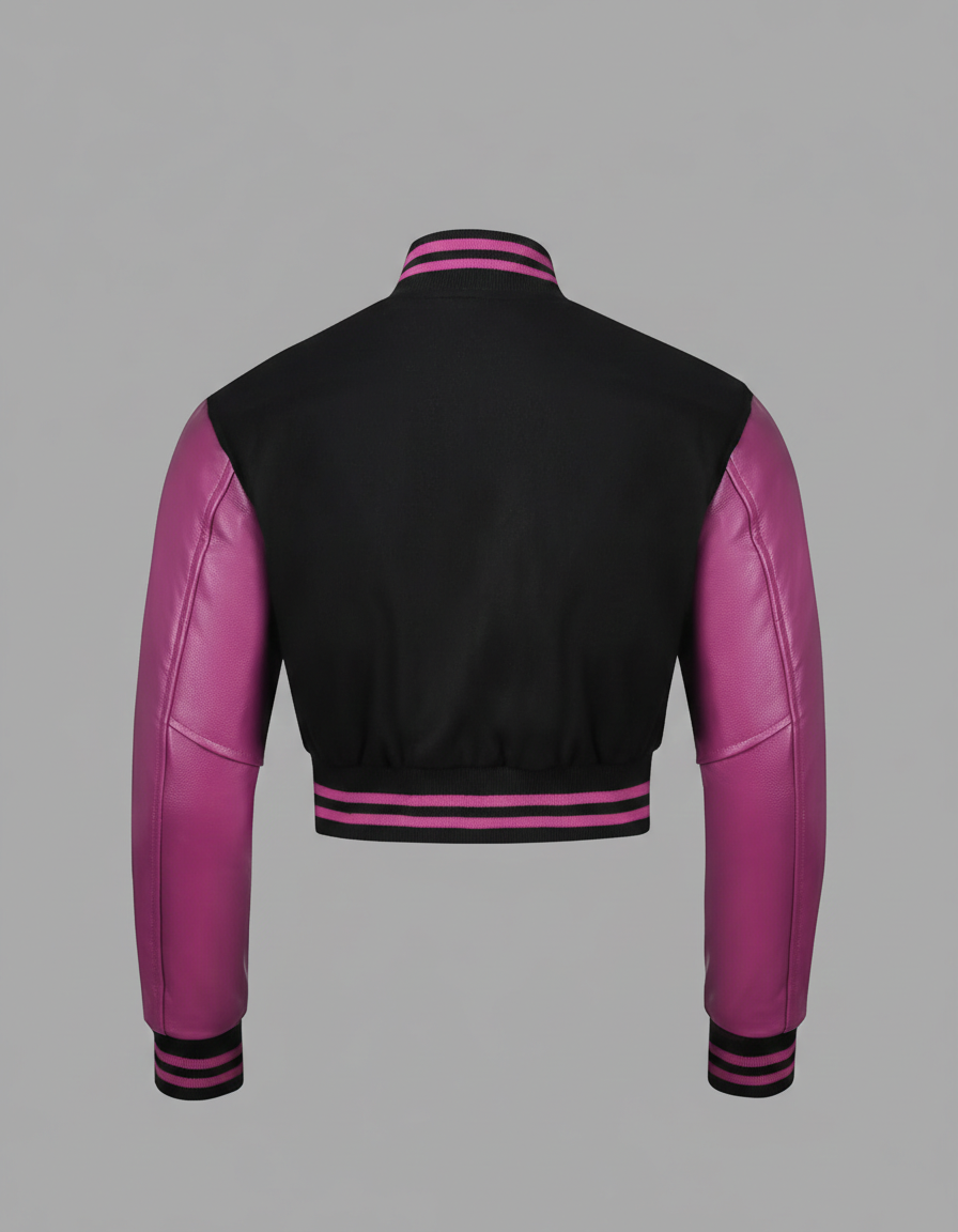 Women’s Black & Pink Varsity Jacket – Snap Button Bomber