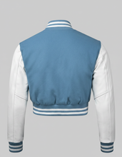 Load image into Gallery viewer, Women’s Baby Blue Cropped Varsity Jacket
