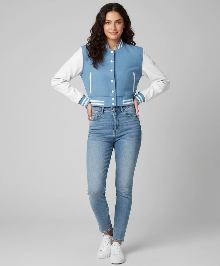 Women’s Baby Blue Cropped Varsity Jacket
