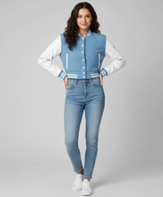 Load image into Gallery viewer, Women’s Baby Blue Cropped Varsity Jacket
