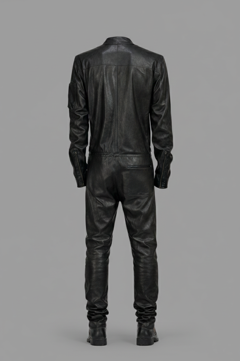 Men’s Black Real Leather Slim-Fit Jacket – Round Neck Racer Style