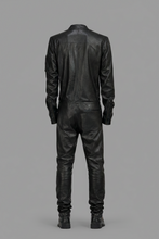 Load image into Gallery viewer, Men’s Black Real Leather Slim-Fit Jacket – Round Neck Racer Style
