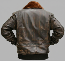 Load image into Gallery viewer, Men’s Vintage Brown Leather Pilot Jacket – Fur Collar Flight Bomber
