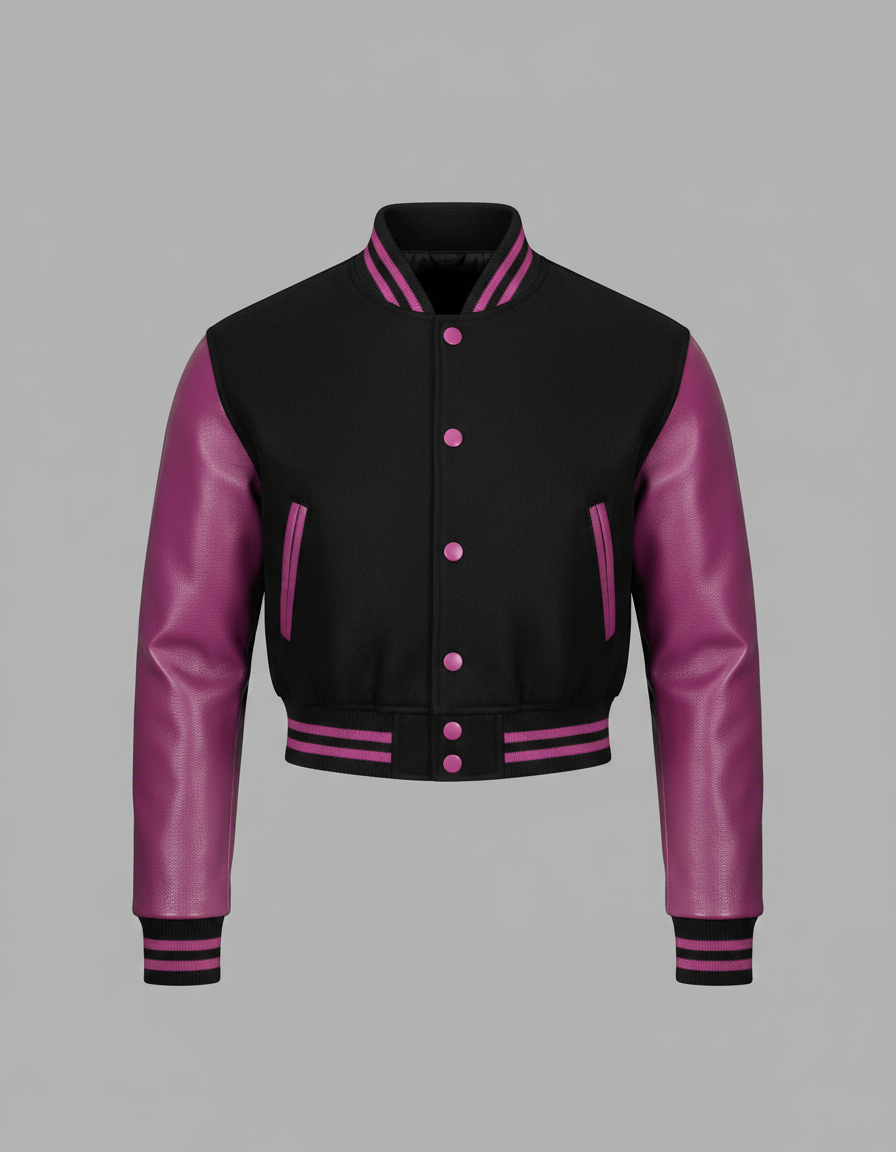 Women’s Black & Pink Varsity Jacket – Snap Button Bomber