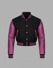Laden Sie das Bild in den Galerie-Viewer, Damen Varsity-Jacke Schwarz &amp; Pink – Bomberjacke mit Druckknöpfen
