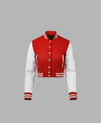 Damen Varsity Jacke Rot & Weiß – Knopfverschluss Rippstrick-Bündchen Bomberjacke