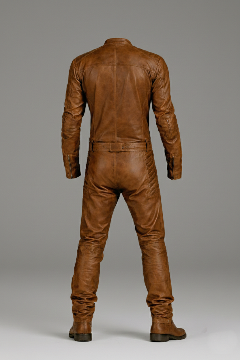 Men’s Brown Leather Racing Jumpsuit – Vintage Biker Moto Suit
