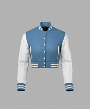 Load image into Gallery viewer, Women’s Baby Blue Cropped Varsity Jacket
