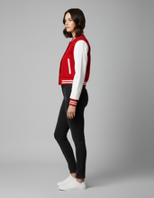 Load image into Gallery viewer, Women’s Red &amp; White Varsity Jacket – Button Closure Ribbed Trim Bomber
