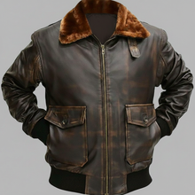 Load image into Gallery viewer, Men’s Vintage Brown Leather Pilot Jacket – Fur Collar Flight Bomber
