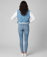 Load image into Gallery viewer, Women’s Baby Blue Cropped Varsity Jacket

