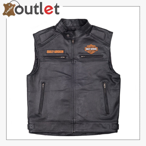 Harley Davidson Men's Genuine Motorcycle Black Leather Vest Leather Outlet