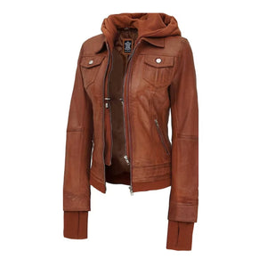 Hooded Brown Leather Bomber Jacket Women Leather Outlet