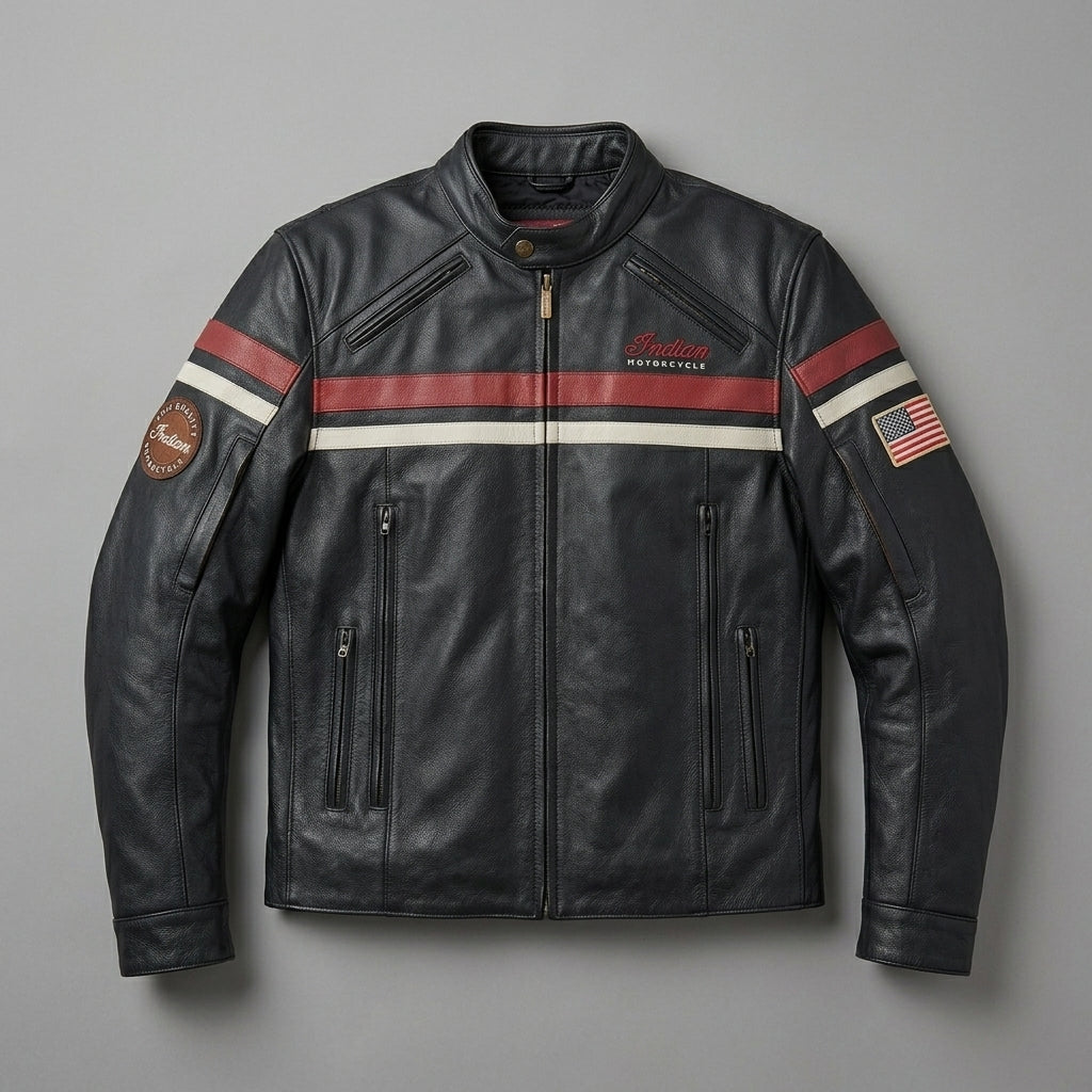 Herren Indian Motorcycle Style Vintage Bikerjacke aus Leder – Besticktes Skript-Logo
