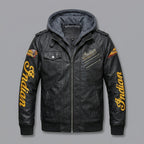 Men’s Leather Biker Jacket – Embroidered Star & Heritage Script Moto Style