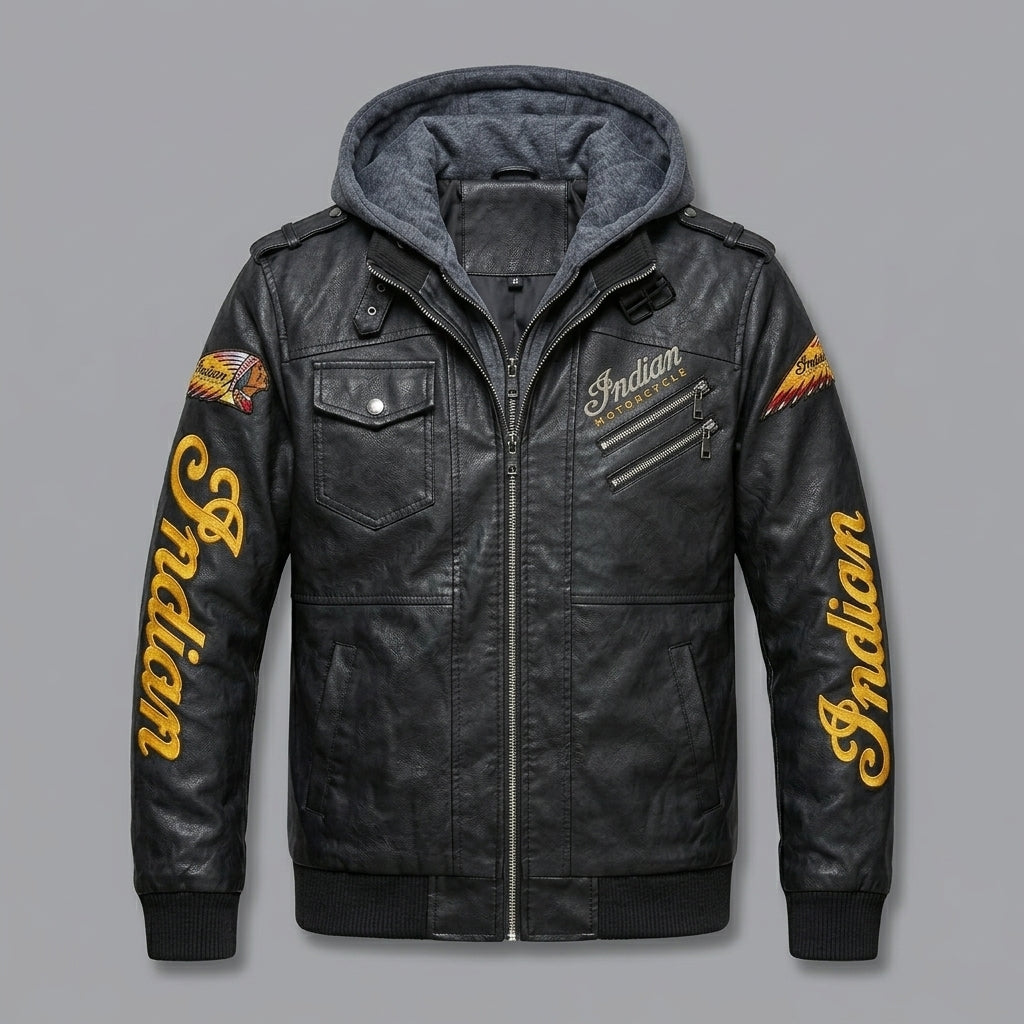 Leder-Bikerjacke für Herren – Bestickter Stern & Heritage-Schriftzug im Moto-Stil