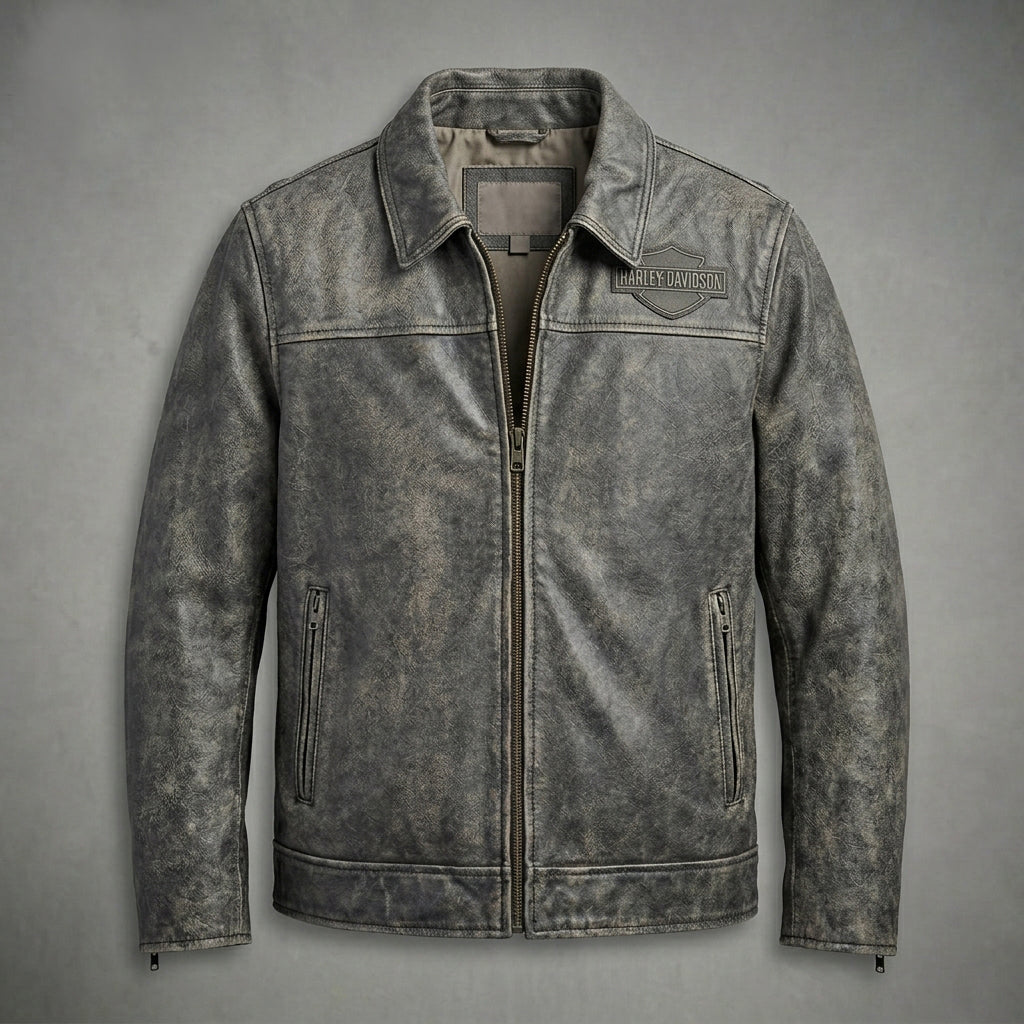 Herren Motorradjacke aus schwarzem Leder im Harley-Stil – Edition mit orange-weißen Rennstreifen
