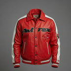 Klassische Motorradjacke aus Leder für Herren – Orange & Creme mit Kontrasteinsätzen